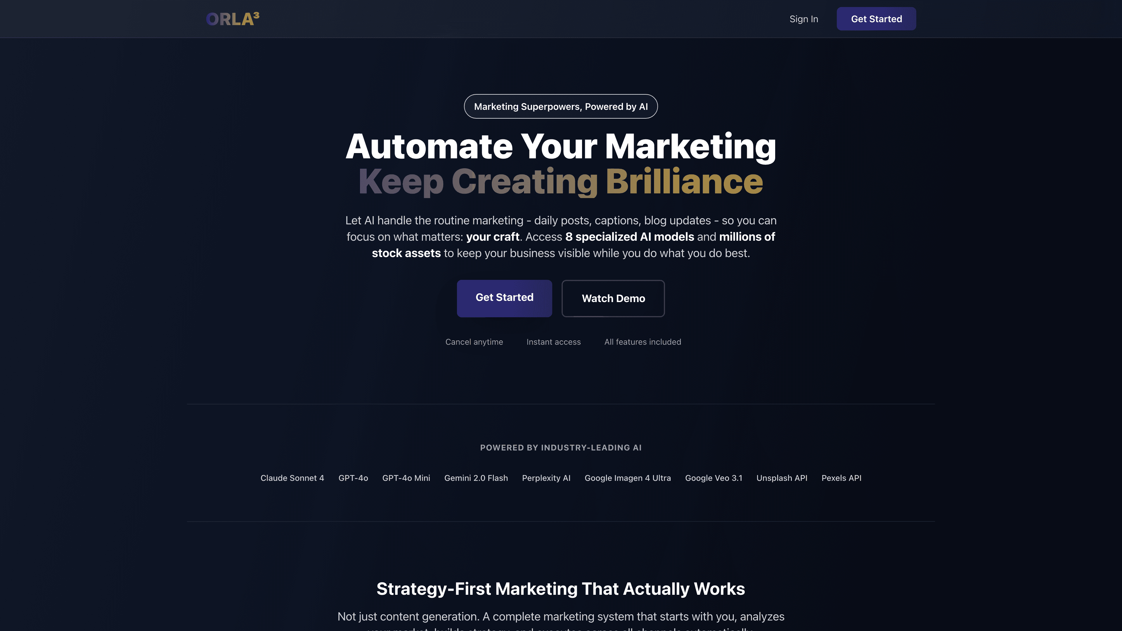 ORLA³ Marketing website screenshot